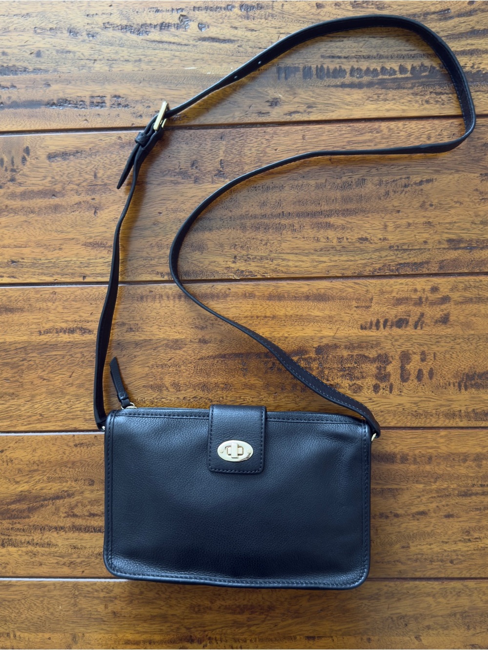 Talbots Black Leather Crossbody Bag with Gold Turn-Lock Flap Closure